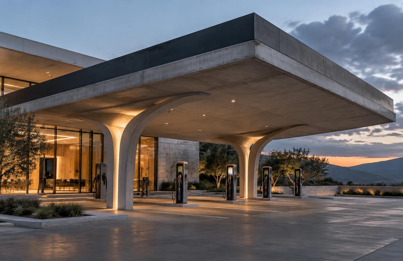 Sculptural concrete EV charging canopy at dusk