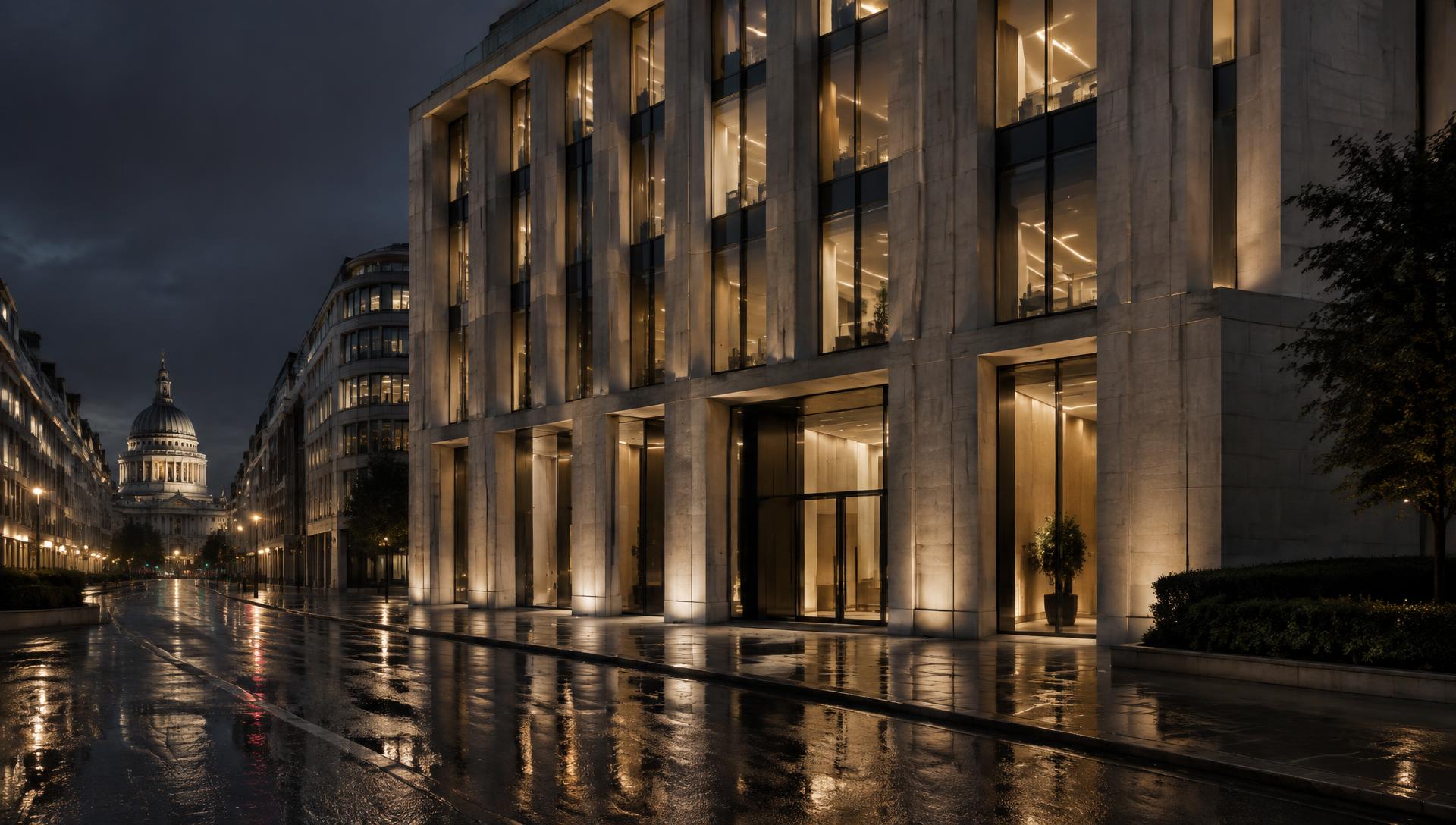 Stone-clad office building in the City of London at night