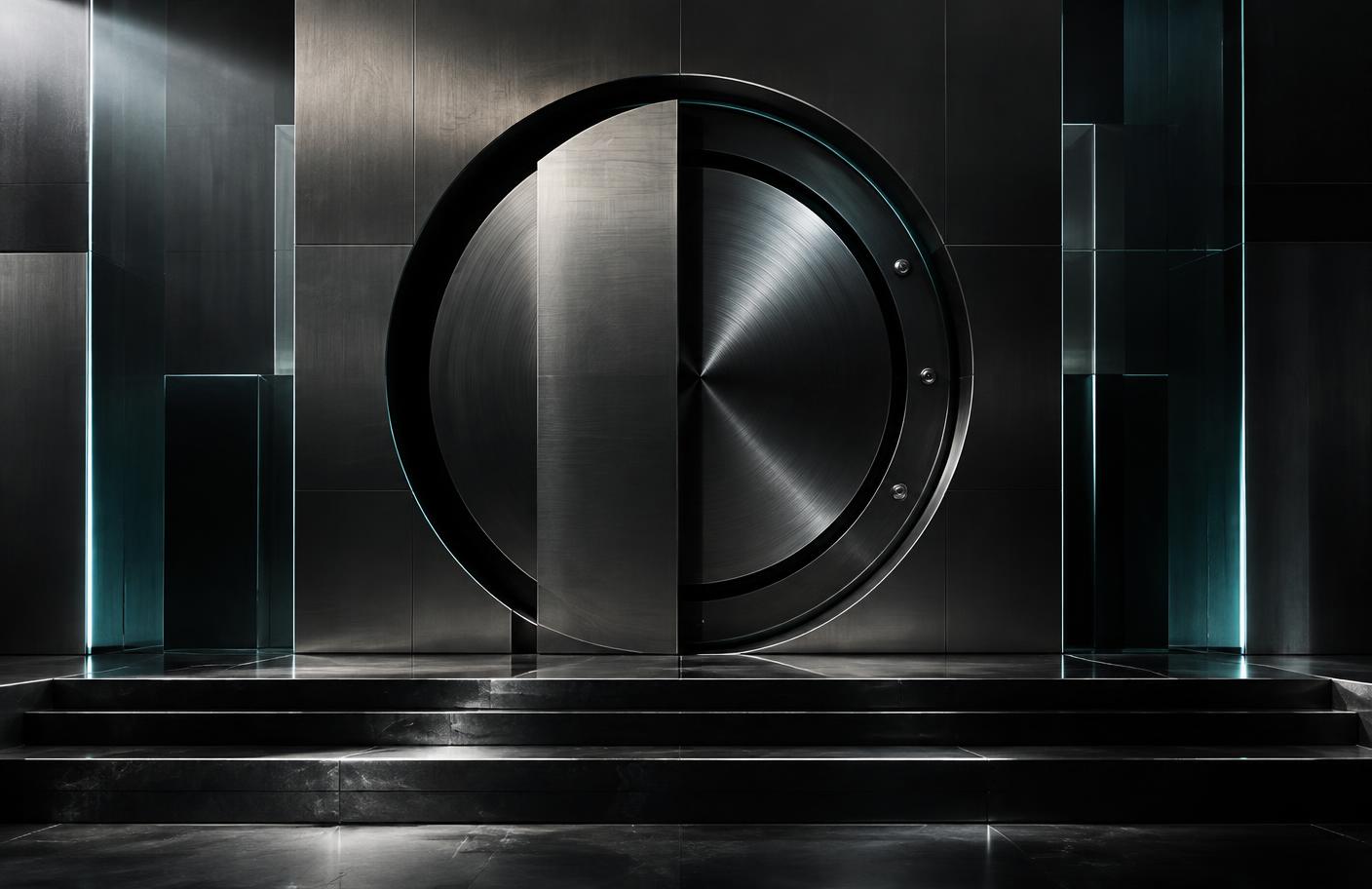 Layered steel and dark glass forming a secure enclosure